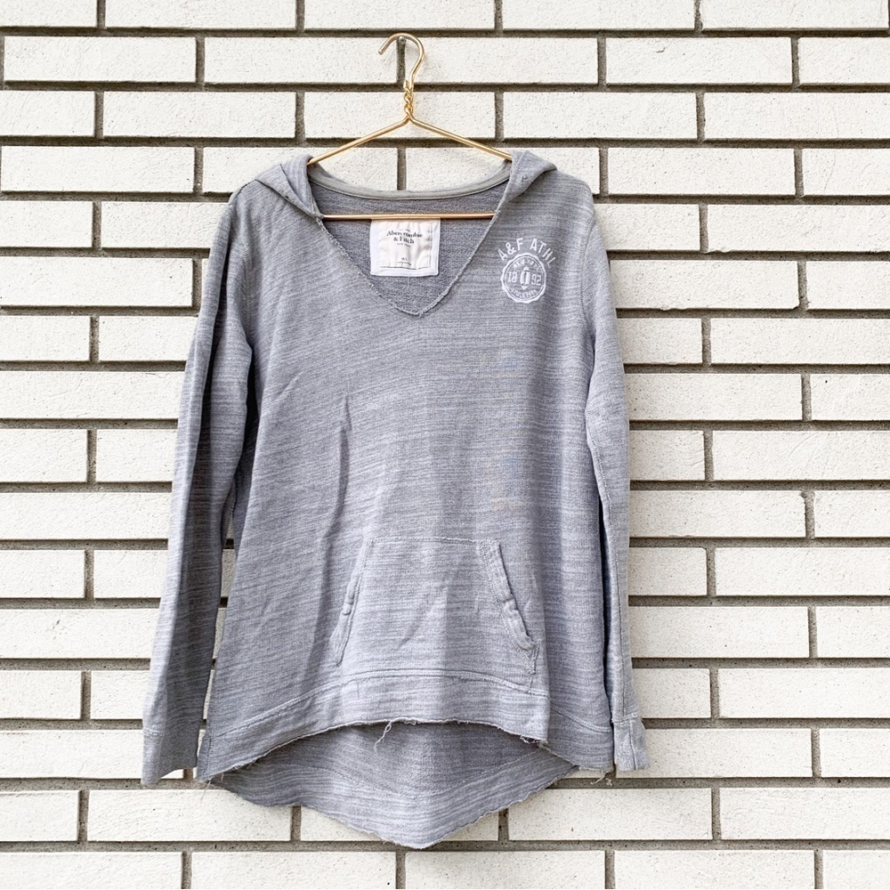 Abercrombie & Fitch Gray 1892 A&F ATHL Hoodie V-Neck Sweatshirt M/L Raw Hem Y2K